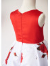 Red Printed Satin Pearl Embellished Knee Length Flower Girl Dress